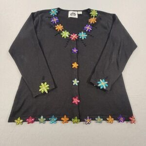 Vintage 90s Storybook Knits Cardigan Sweater Floral Applique Beaded Black Medium